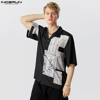 INCERUN 2023 Erkek Gömlek Baskı Yaka Kısa Kollu Düğme Streetwear Casual Erkek Giyim Retro Yaz Çin Tarzı Gömlek S-5XL