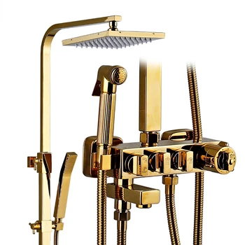 Lüks Altın Banyo Termostatik Duş Bataryası Seti Tüm Pirinç Düğme Sıcak ve Soğuk Su küvet mikseri Dokunun Yüksek Kalite