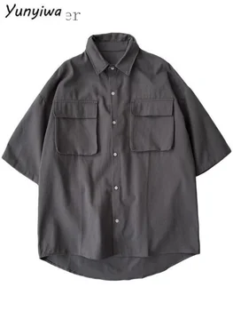 Safari Gri Gömlek Yaz Basit Çok Yönlü Unisex Casual Bluz Hong Kong Tarzı Büyük Cep Kısa kollu Gömlek Erkekler Kadınlar için
