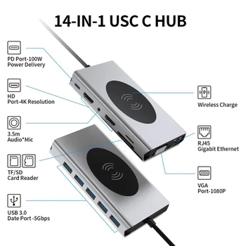 Yeni 14 İn 1 USB C Hub, Dizüstü Bilgisayar Yerleştirme İstasyonu Desteği Kablosuz Şarj, Üçlü Ekran 4K HDMI Uyumlu, 5 USB 3.0 Bağlantı Noktası