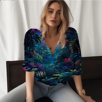 Yaz yeni bayan gömlek tropikal orman 3D baskılı bayan gömlek casual tatil tarzı kadın gömleği trend gevşek bayan gömlek
