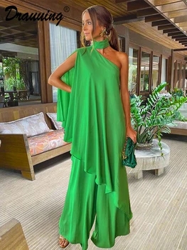 Drauuing Yeşil 2 Parça Setleri Kadın Gevşek Maxi Etekler Kıyafet Kadın Kolsuz Zarif Kapalı Omuz Üst Ve Uzun Etekler Kadın