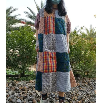 Yeni Etnik Tarzı Retro Patchwork Kısa Kollu Özellikli Seyahat Fotoğrafçılığı Uzun Patchwork Elbise Kadınlar için