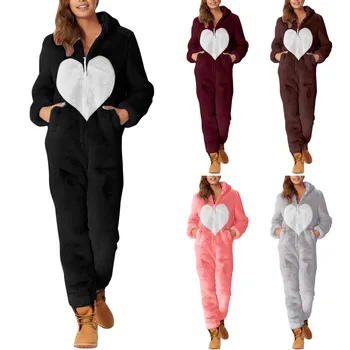 S-5xl Mercan Polar Sıcak Bayan Tek Parça Pijama Bayanlar Kalp Baskılı Gevşek Kapşonlu Tulum Pijama Kadın Kış Ev Tekstili