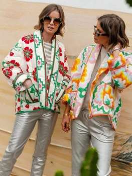 Moda Yaka Çiçek Baskılı Kısa pamuklu ceket Kadın Kalınlaşmak Sıcak Cep Hırka Ceket 2023 Kış Sokak Yıpratır Kadın