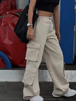 Dikiş Cep Tulum Kadın Retro Moda Gevşek Geniş Bacak Pantolon Sokak Hip-Hop Sıcak Kız Y2k Pantolon Kadın Giyim dökümlü pantolon