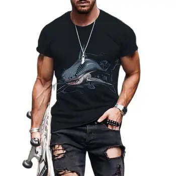 Erkek Yaz Sokak Köpekbalığı, Kafatası Moda 3d Baskılı O Yaka kısa kollu tişört Sokak Kişilik Eğilim Büyük Boy Üst