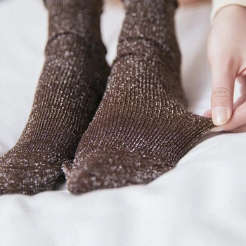 Moda Glitter Çorap Kadınlar İçin Lifli Kenar Pamuk Çorap Harajuku Tatlı Parlayan Gevşek Çorap Kız Kawaii Parlak İpek Çorap
