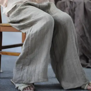 Kadın Gevşek Keten Geniş Bacak Pantolon Bayanlar Vintage Elastik Bel Geniş Bacak Pantolon Kadın rahat pantolon 2023 Yaz Sonbahar DW312